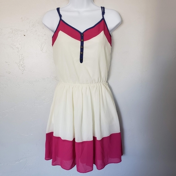 Charming Charlie Small Knee Length Dress Colorblock Navy Blue Cream Dark Pink - Picture 1 of 10